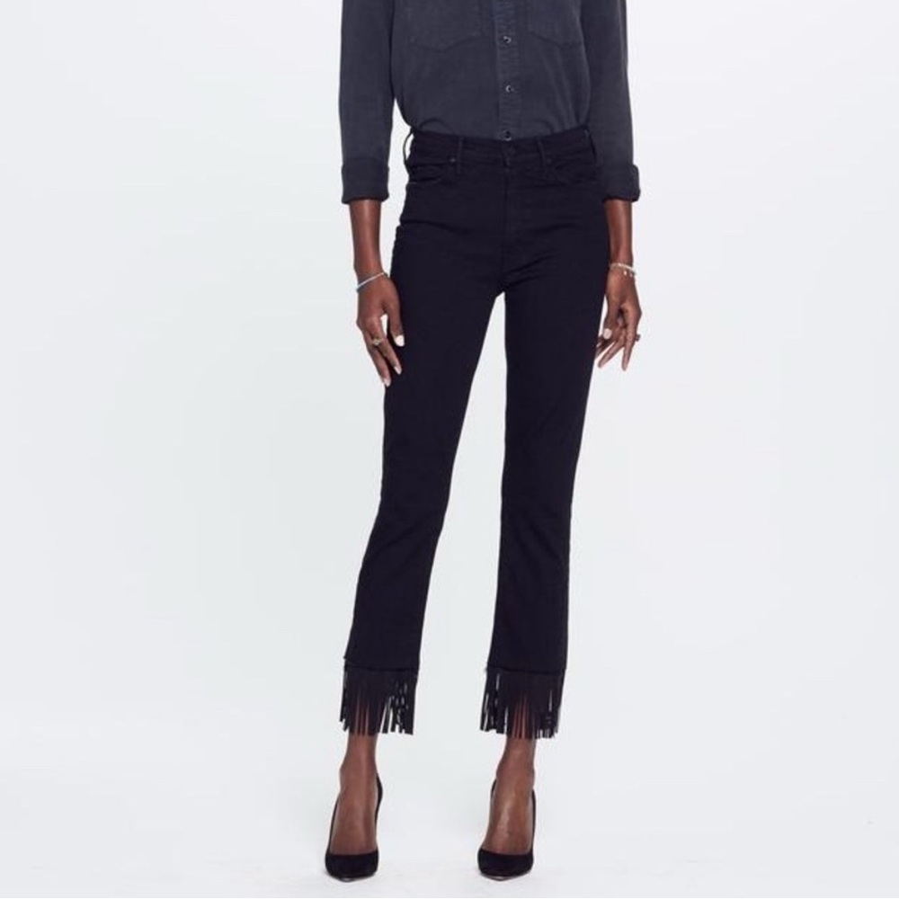 MOTHER Black Fringe‎ Hem High Waisted Rascal Crop Fray Boho Western Jeans 26